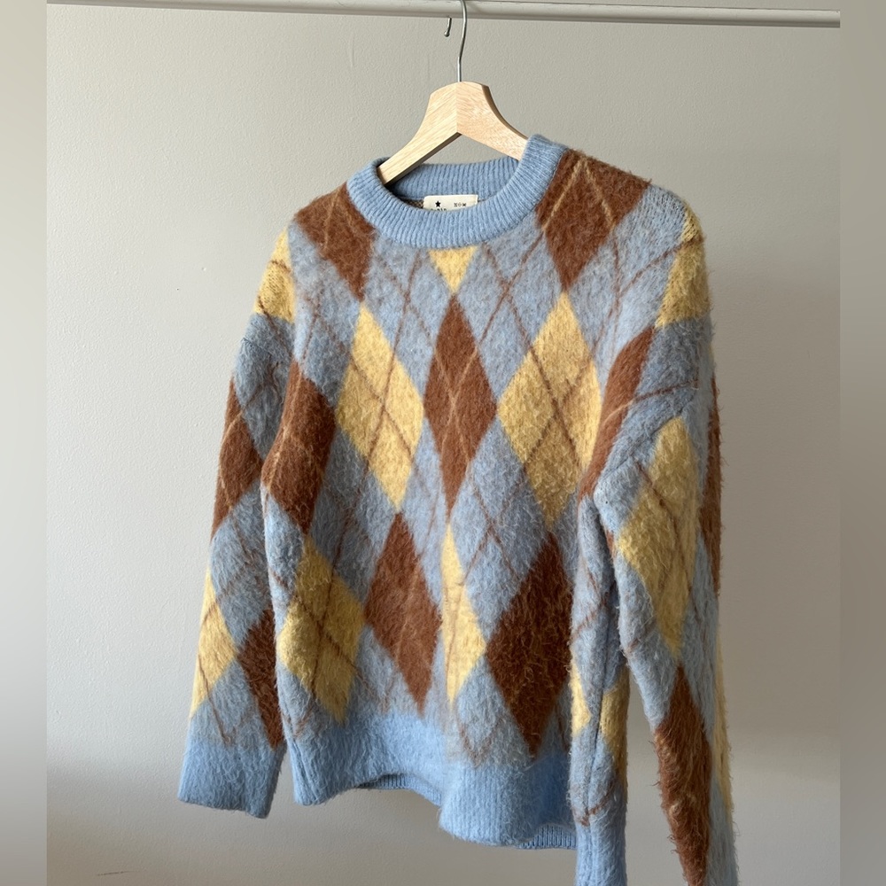 Fuzzy argyle sweater
